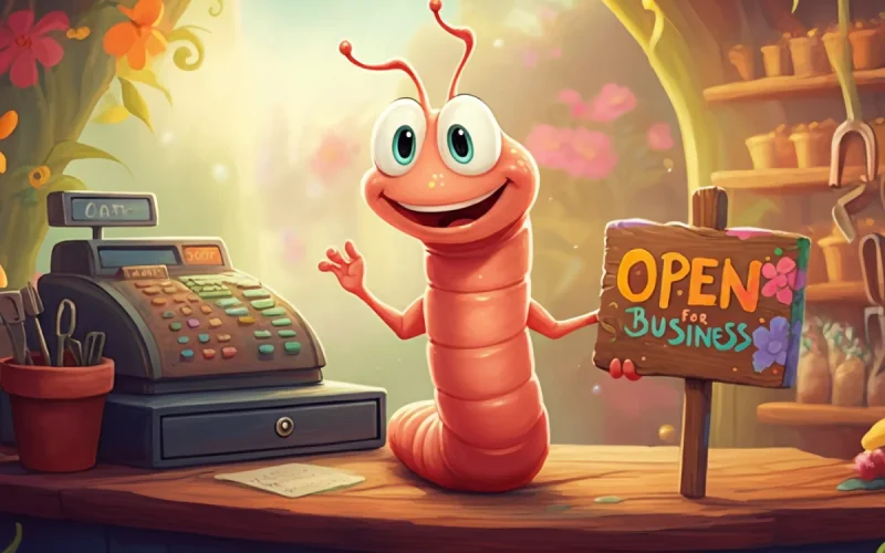 A cheerful cartoon worm stands behind a wooden counter with a cash register and an “Open for Business” sign in the whimsical Colorado Worm Farm shop setting.