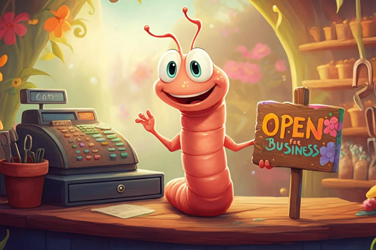 A cheerful cartoon worm stands behind a wooden counter with a cash register and an “Open for Business” sign in the whimsical Colorado Worm Farm shop setting.