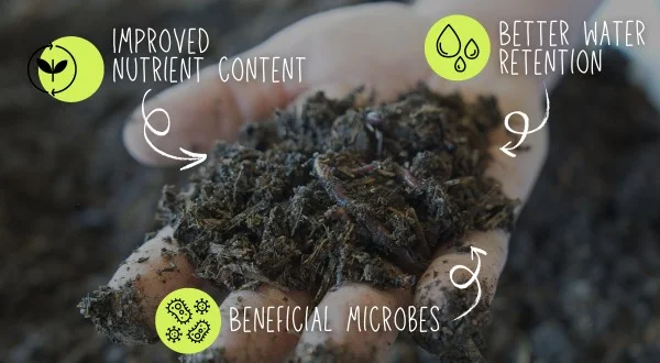 A close-up of a hand holding soil labeled with benefits: improved nutrient content, better water retention, and beneficial microbes.